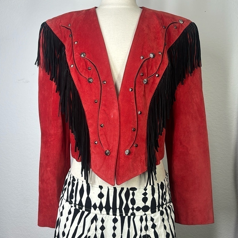 Tony Lama America red leather and suede fringe studded jacket vintage - Picture 1 of 16
